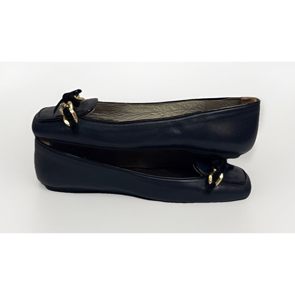 French Sole Gleam Navy Blue Nappa Leather Square Toe Chain Bow Women's Size 5M - Picture 7 of 10